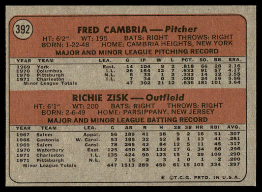 1972 Topps Baseball #392 - Pirates 1972 Rookie Stars - Zisk RC - EXMT