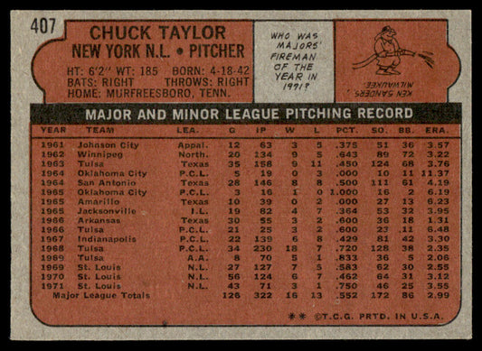 1972 Topps Baseball #407 - Chuck Taylor - EXMT