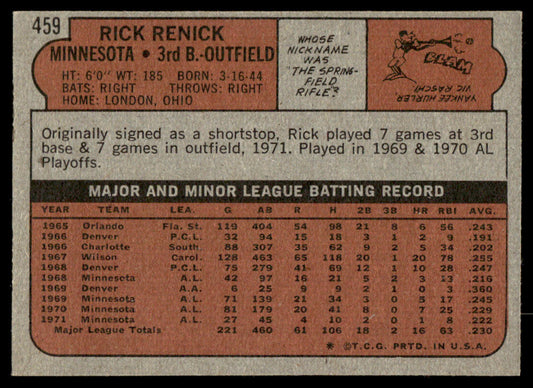 1972 Topps Baseball #459 - Rick Renick - EXMT