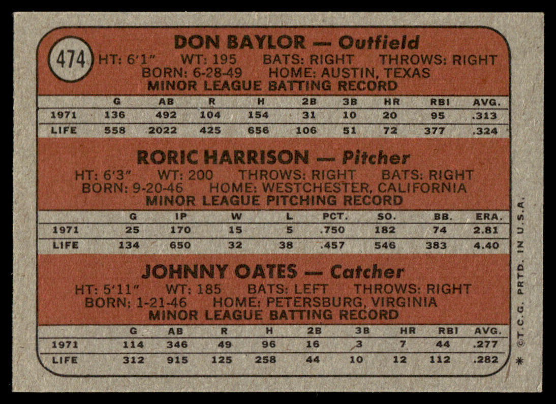 1972 Topps Baseball #474 - Orioles 1972 Rookie Stars - Baylor/Oates - EXMT