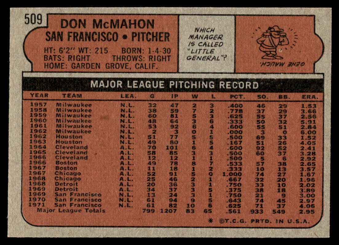 1972 Topps Baseball #509 - Don McMahon - NM