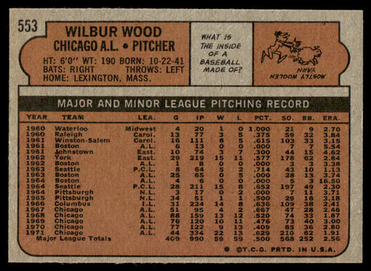 1972 Topps Baseball #553 - Wilbur Wood - NM