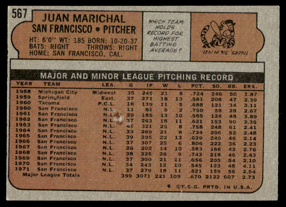 1972 Topps Baseball #567 - Juan Marichal - EX
