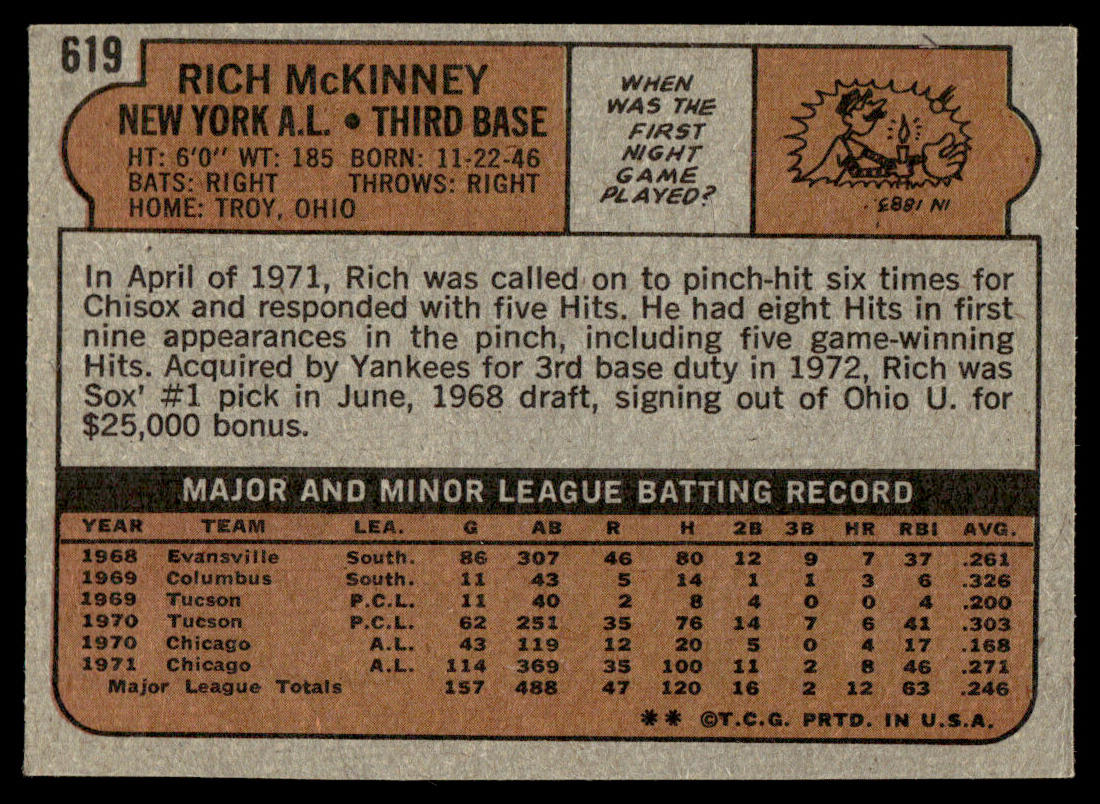 1972 Topps Baseball #619 - Rich McKinney - EXMT