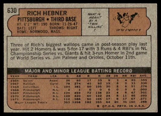 1972 Topps Baseball #630 - Rich Hebner - EXMT
