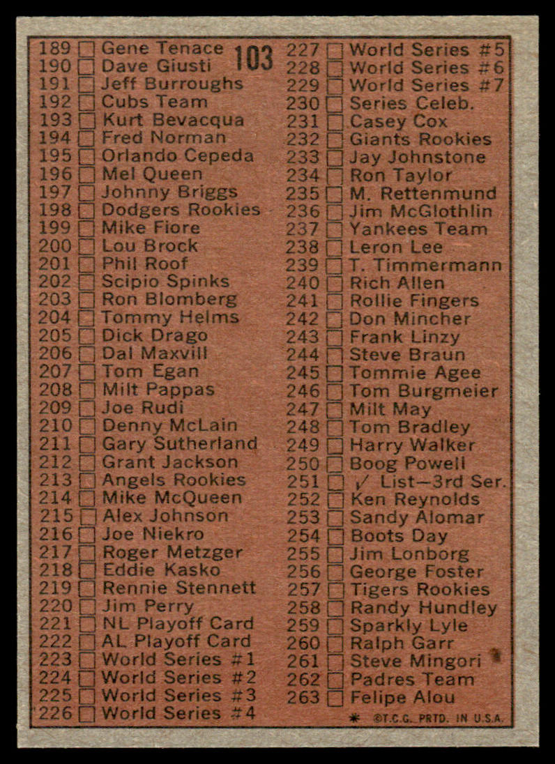 1972 Topps Baseball #103 - 2nd Series Checklist: 133-263 - EXMT