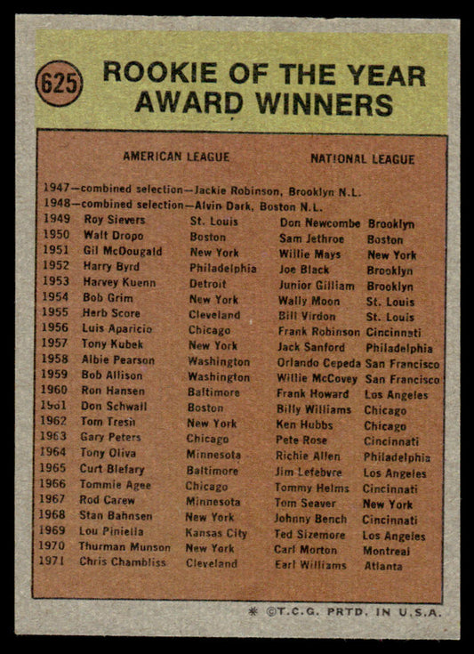 1972 Topps Baseball #625 - Rookie of the Year Award - EXMT