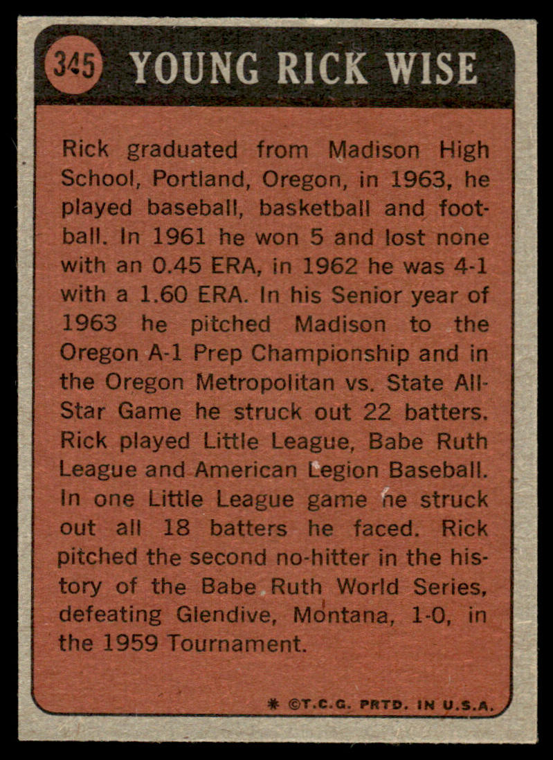 1972 Topps Baseball #345 - Rick Wise KP - EXMT