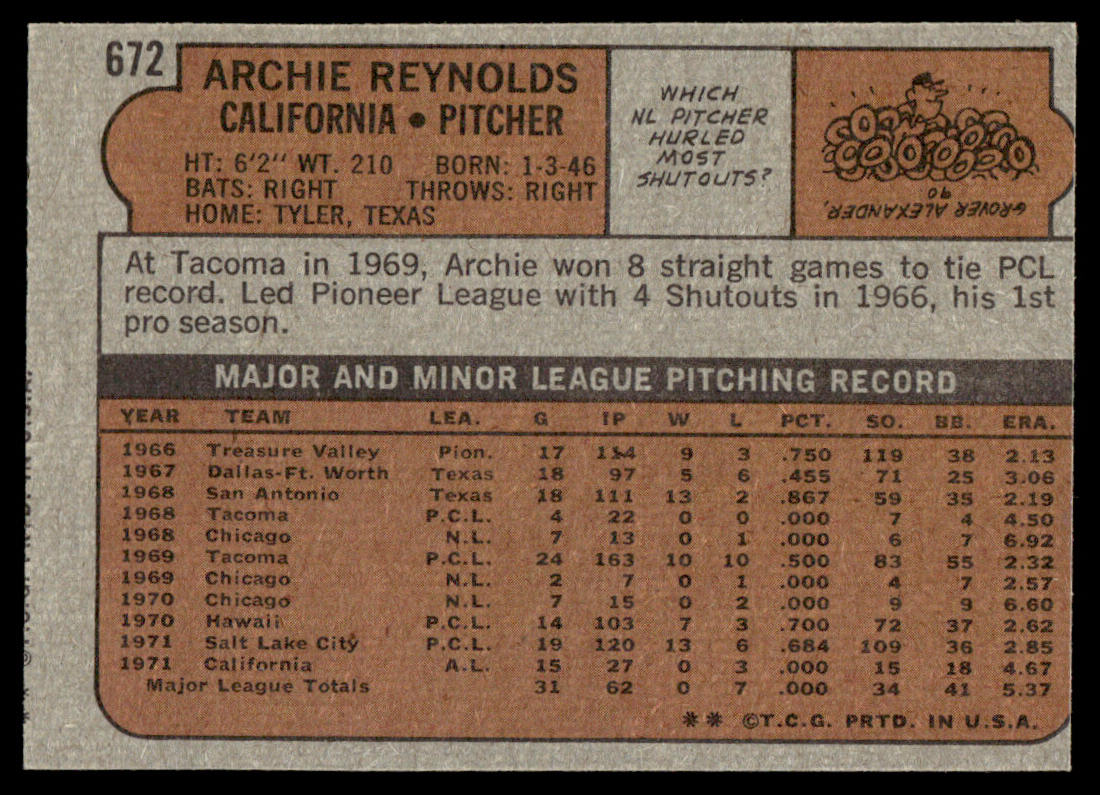 1972 Topps Baseball #672 - Archie Reynolds - EX