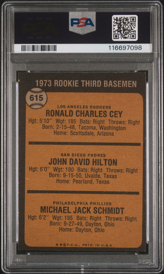1973 Topps Baseball #615 - Rookie Third Basemen - Schmidt RC - PSA 8 - NMMT