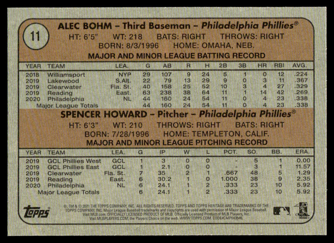 2021 Topps Heritage #11 #12 - Alec Bohm RC - Lot of 2
