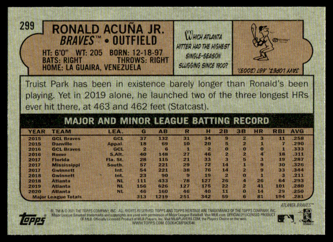 2021 Topps Heritage #299 #300 - Ronald Acuna Jr - Lot of 2