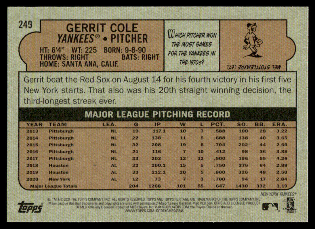 2021 Topps Heritage #94 #96 #249 #250 - Gerrit Cole - Lot of 4