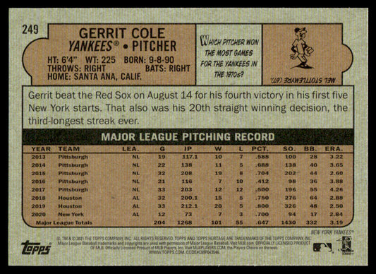 2021 Topps Heritage #94 #96 #249 #250 - Gerrit Cole - Lot of 4
