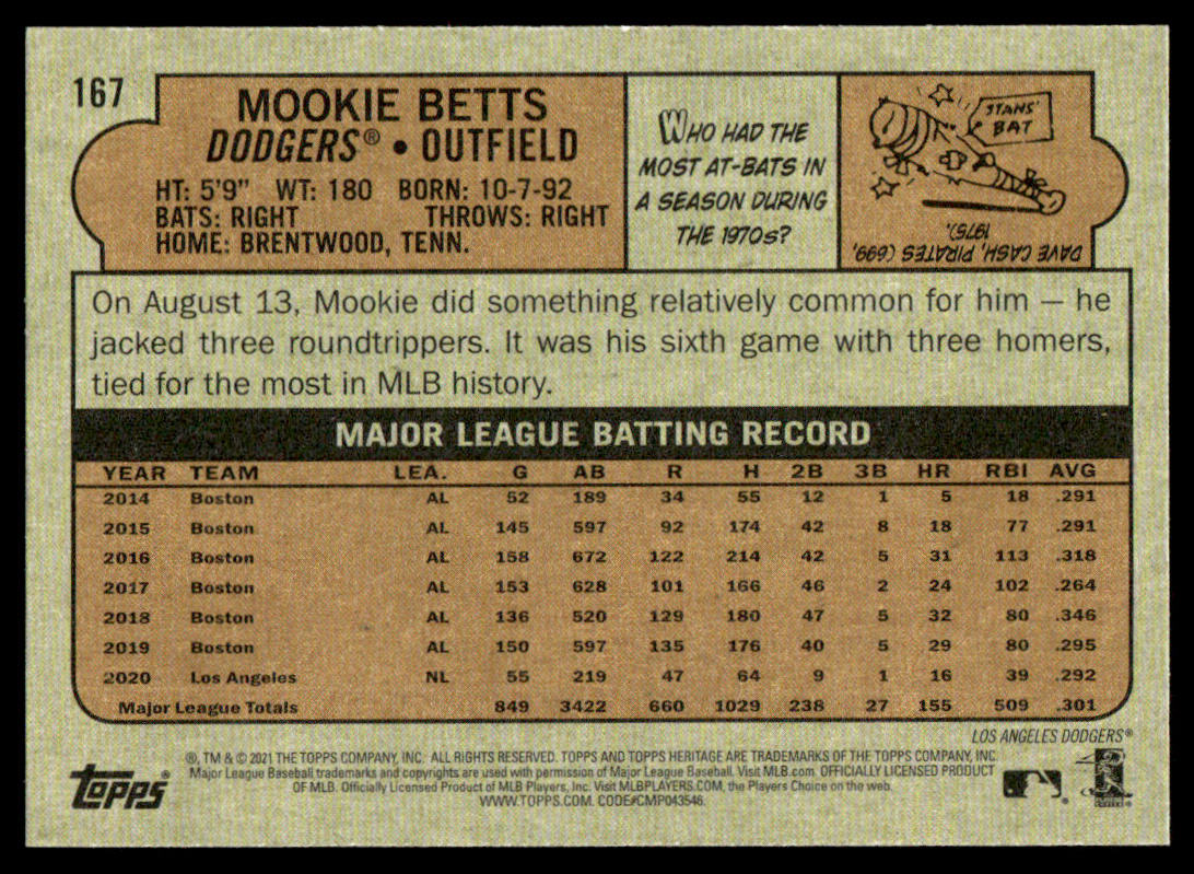 2021 Topps Heritage #89 #167 #168 - Mookie Betts - Lot of 3