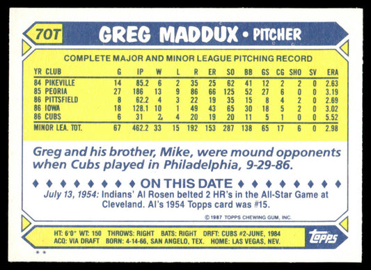 1987 Topps Traded Baseball #70T - Greg Maddux RC - MINT