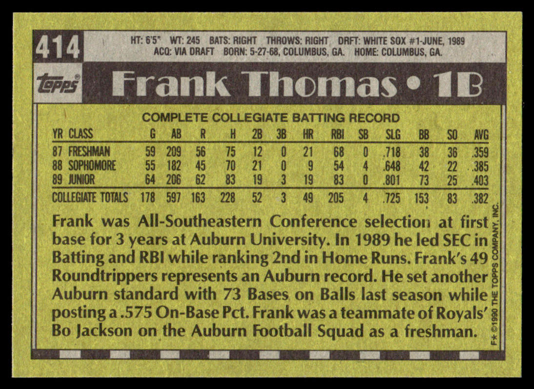 1990 Topps Baseball #414 - Frank Thomas RC - NMMT