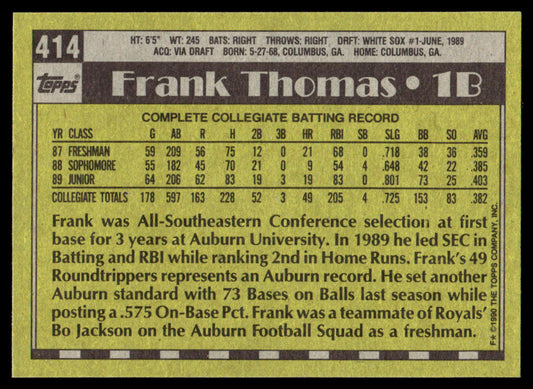 1990 Topps Baseball #414 - Frank Thomas RC - NMMT
