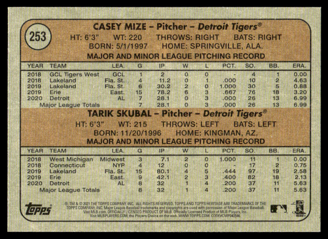 2021 Topps Heritage Baseball #253 - Tarik Skubal RC