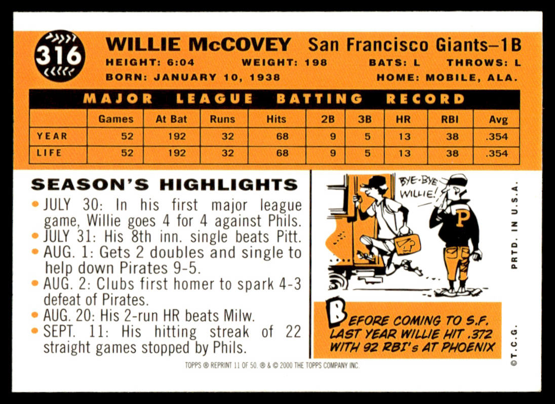 2001 Topps Baseball Through the Years Reprints #11 - Willie McCovey