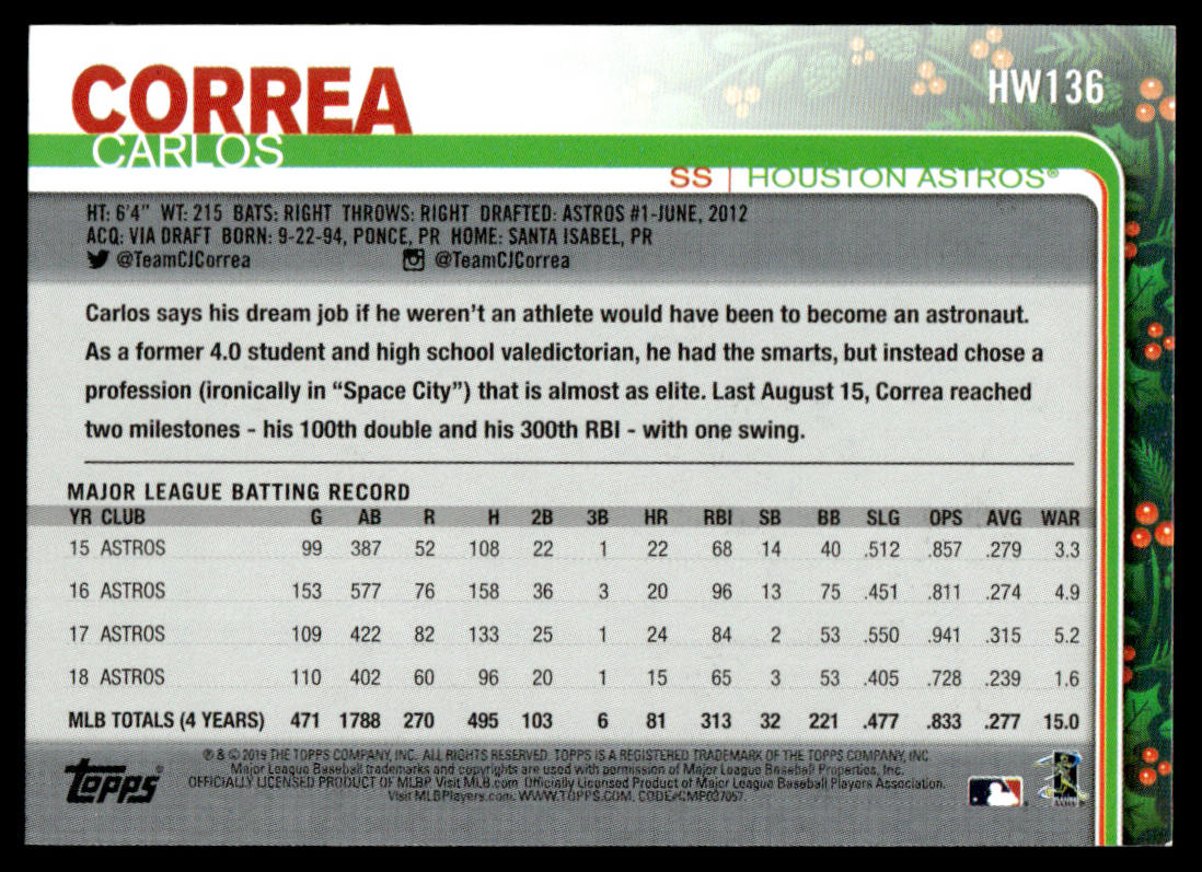 2019 Topps Holiday Baseball #HW136 - Carlos Correa