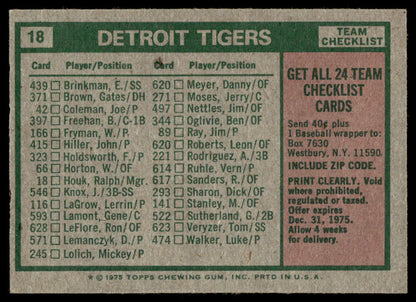 1975 Topps Baseball #18 - Detroit Tigers / Ralph Houk - EXMT
