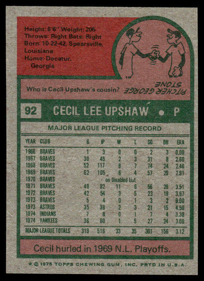 1975 Topps Baseball #92 - Cecil Upshaw - NM
