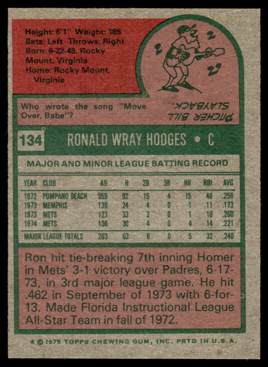 1975 Topps Baseball #134 - Ron Hodges - NM