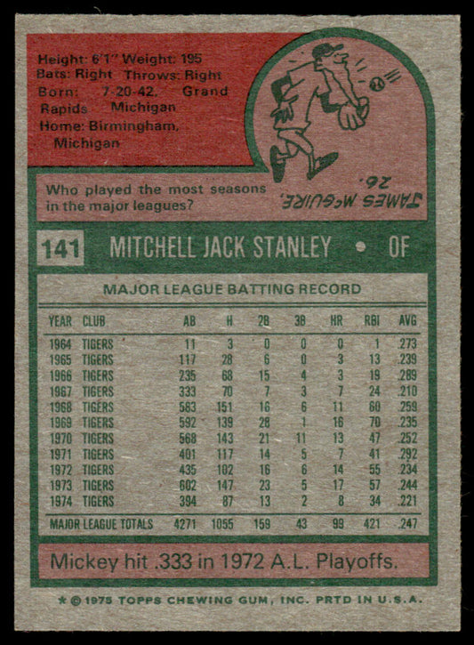 1975 Topps Baseball #141 - Mickey Stanley - NM