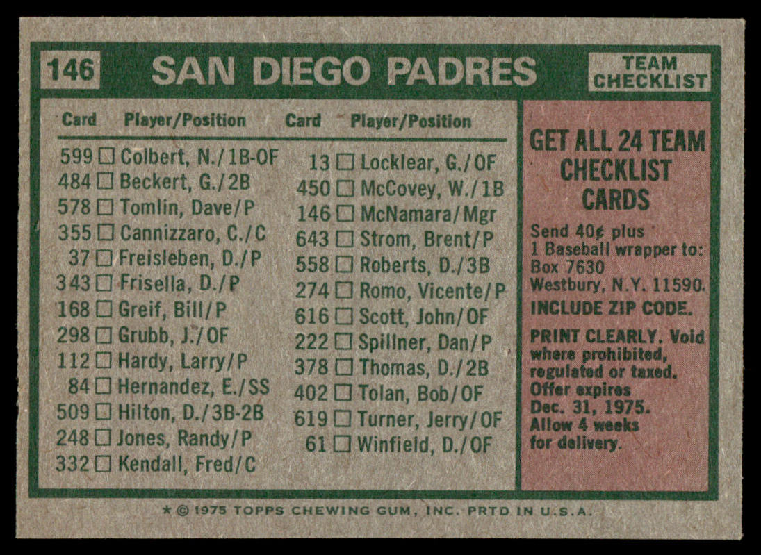 1975 Topps Baseball #146 - San Diego Padres / John McNamara - EXMT