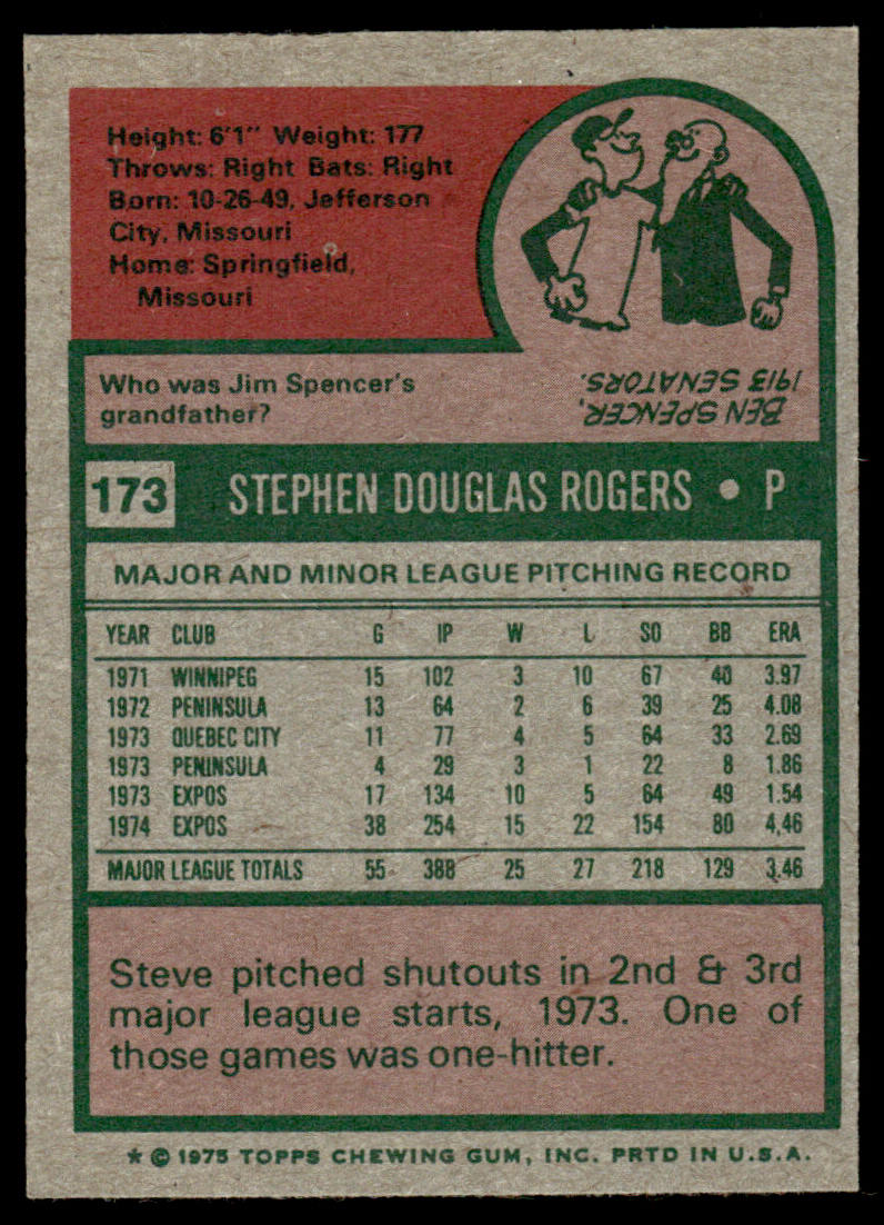 1975 Topps Baseball #173 - Steve Rogers - NM