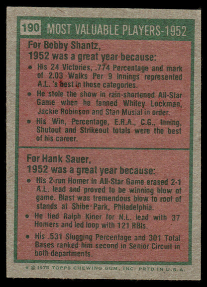 1975 Topps Baseball #190 - 1952 MVPs - Shantz/Sauer - NM