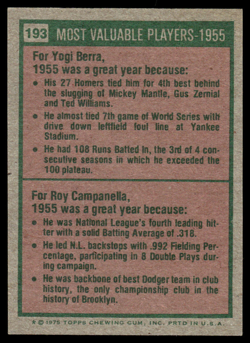 1975 Topps Baseball #193 - 1955 MVPs - Berra/Campanella - EXMT