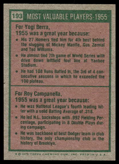 1975 Topps Baseball #193 - 1955 MVPs - Berra/Campanella - EXMT
