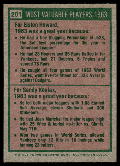 1975 Topps Baseball #201 - 1963 MVPs - Howard/Koufax - NM
