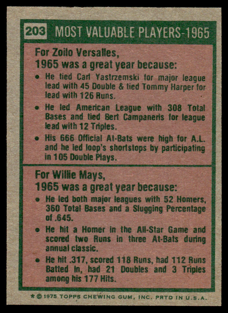 1975 Topps Baseball #203 - 1965 MVPs - Versalles/Mays - EXMT