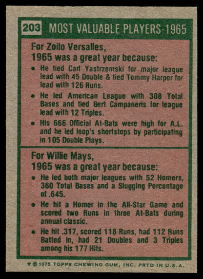 1975 Topps Baseball #203 - 1965 MVPs - Versalles/Mays - EXMT