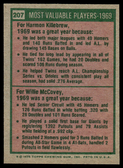 1975 Topps Baseball #207 - 1969 MVPs- Killebrew/McCovey - NM