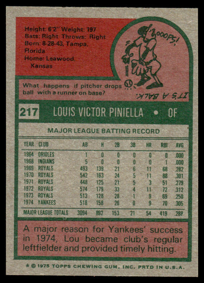 1975 Topps Baseball #217 - Lou Piniella - NM
