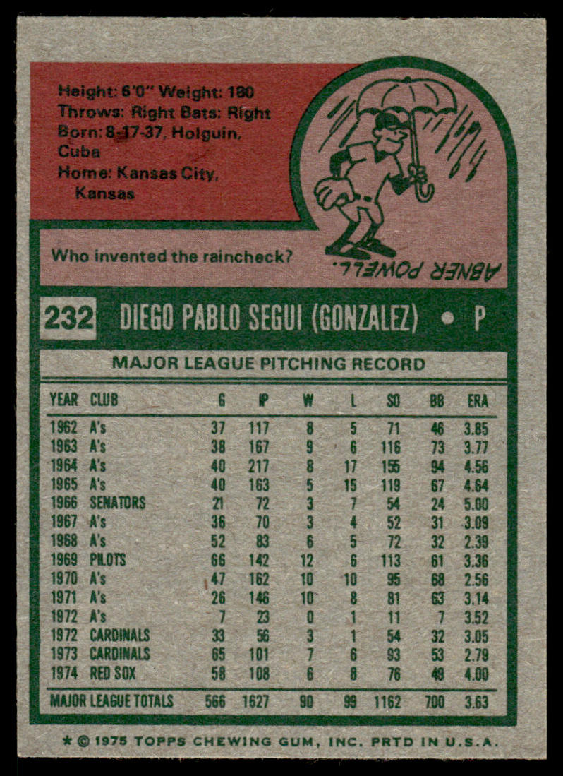 1975 Topps Baseball #232 - Diego Segui - NM
