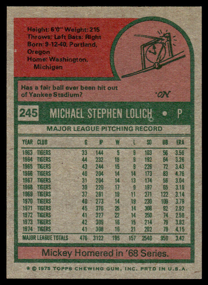 1975 Topps Baseball #245 - Mickey Lolich - NM