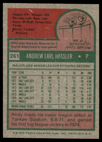 1975 Topps Baseball #261 - Andy Hassler RC - NM