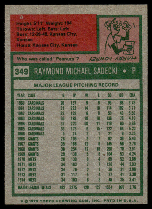 1975 Topps Baseball #349 - Ray Sadecki - NM