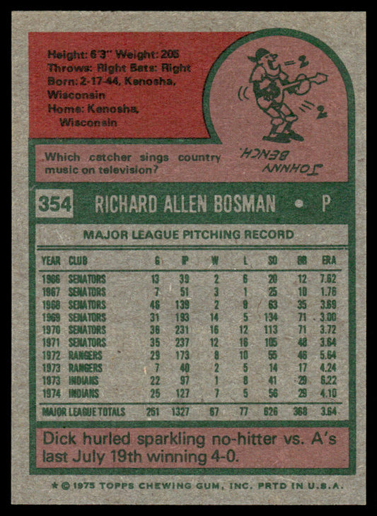 1975 Topps Baseball #354 - Dick Bosman - EXMT