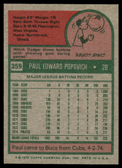 1975 Topps Baseball #359 - Paul Popovich - NM