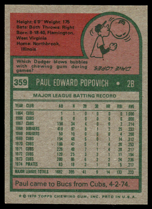 1975 Topps Baseball #359 - Paul Popovich - NM