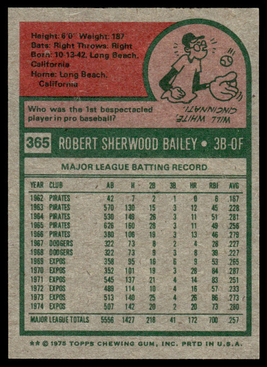 1975 Topps Baseball #365 - Bob Bailey - NM