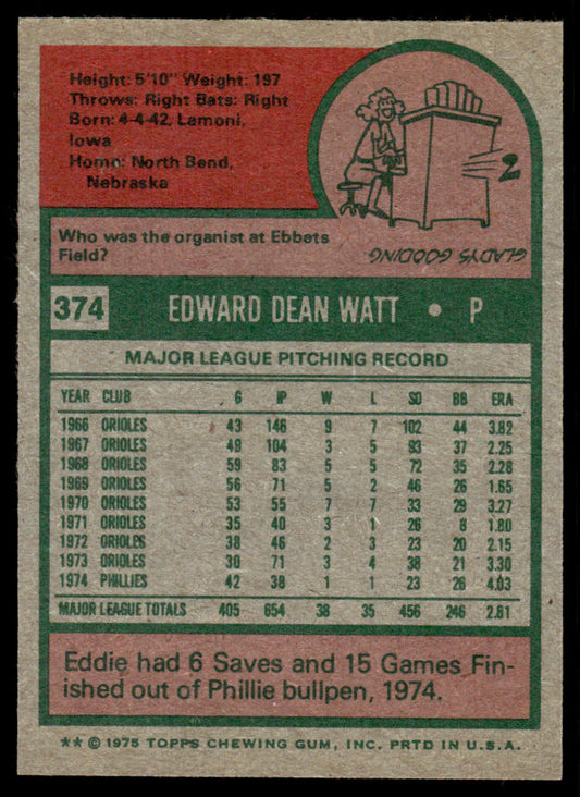 1975 Topps Baseball #374 - Eddie Watt - NM