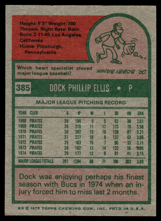 1975 Topps Baseball #385 - Dock Ellis - NM