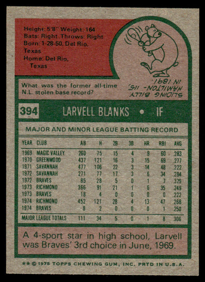 1975 Topps Baseball #394 - Larvell Blanks - NM